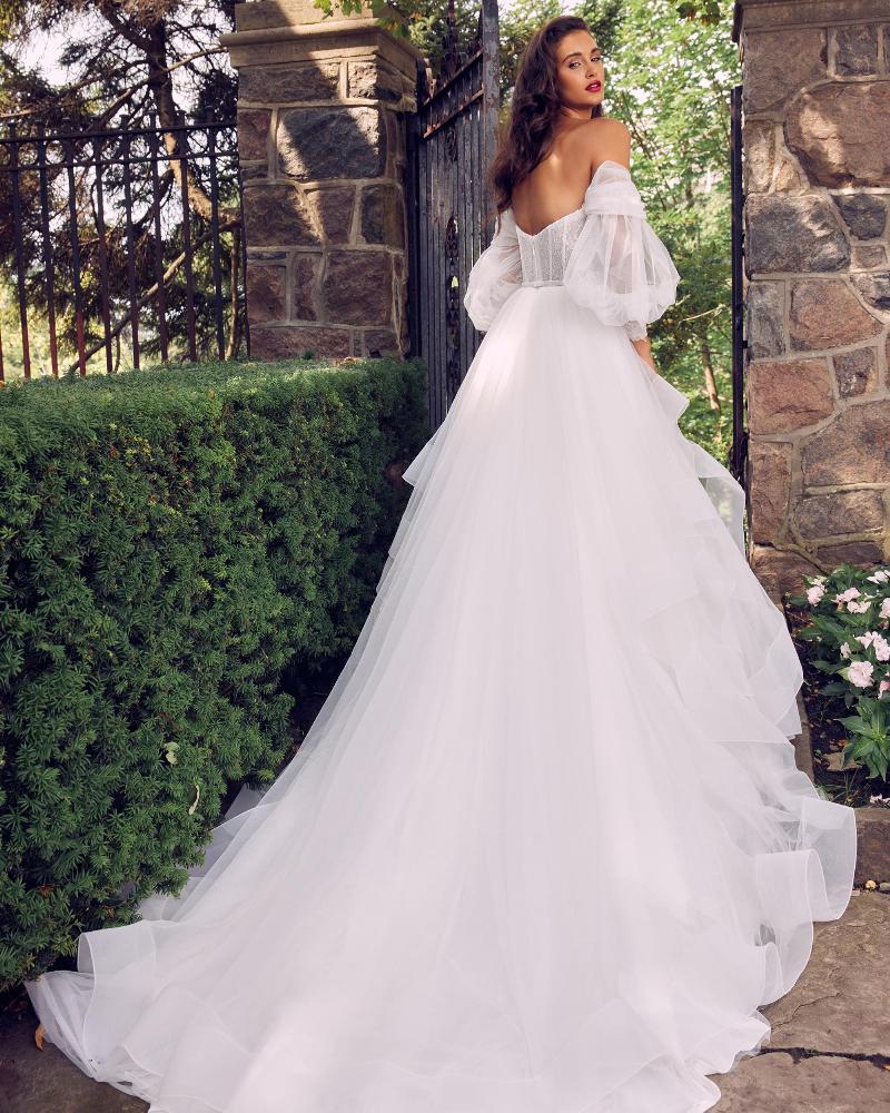 La22112 layered tulle ball gown wedding dress with ruffles and detachable long sleeves7